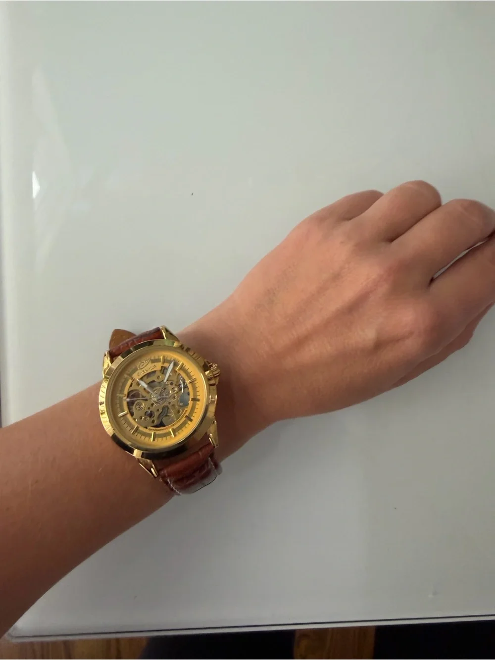 Gold Skeleton Mechanical Watch with Brown Leather Strap